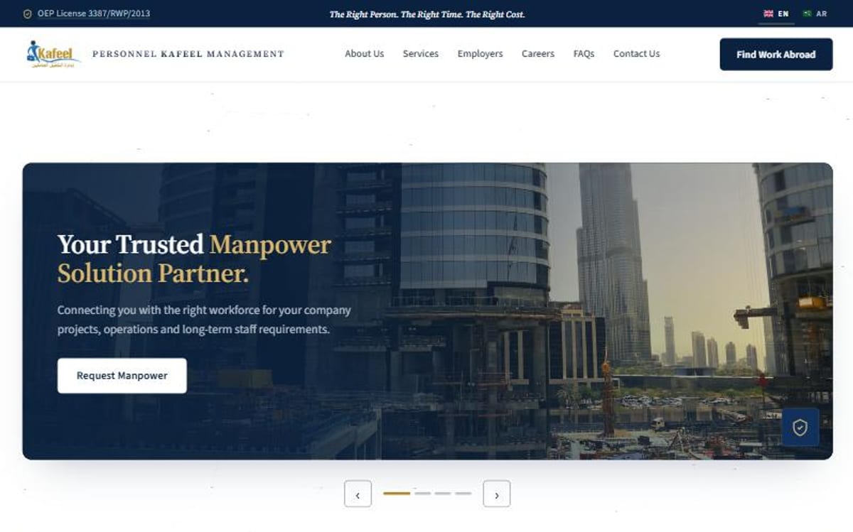 Personnel Kafeel Management, a recruitment platform we built, live at kafeelmgt.com